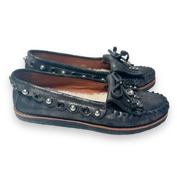 COACH Roccasin Black Metallic Leather Slip On Moccasins Sherpa Flat Loafers Sz 6 - Picture 4 of 10